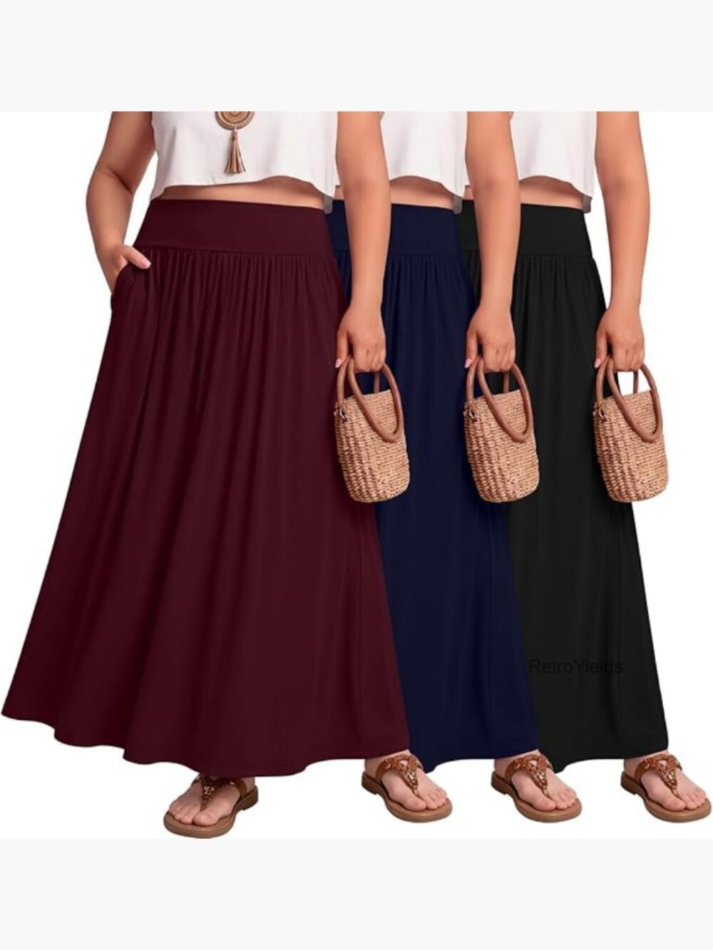 3 Pack Plus Size Maxi Skirts with Pockets Casual Boho Summer Flowy Long A Line